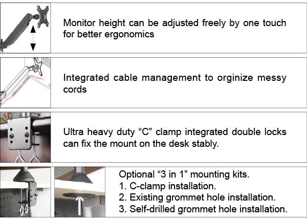 Triple Monitor Desk Mount Arm/Stand, Height Adjustable Gas Spring Arms, Fits 19, 20, 24 inch Screens 3MSG