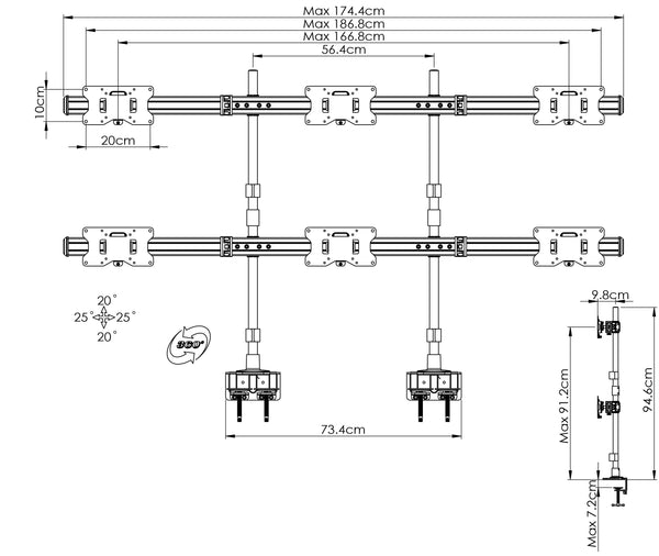 Hex LED/LCD Monitor Stand, C-Clamp Desk Stand Extra Tall 37.2" Pole, Heavy Duty Height Adjustable Mount for 6 / Six Screens up to 32 inch, Black (2006MSCT)
