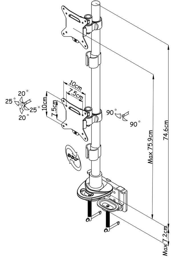 Dual LED LCD Monitor Stand up C-Clamp Desk Mount for 43" & 49" Super Ultra-Wide/Curved Monitors, 29 inch Pole Heavy Duty Fully Adjustable Stand Vertical Array, Black (2MSCTV-T)
