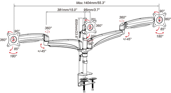 Gas Spring Triple Monitor Desk Mount Arm/Stand, Fully Adjustable Arms, Fits up to 27" Screens, Black (3MSG-V)