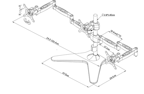 Triple Monitor Stand, Full Motion Articulating Aluminum Monitor Mount, Fit Three 27" Flat/Curved LCD LED Computer Screens Freestanding, Black (3MSFHW-T)
