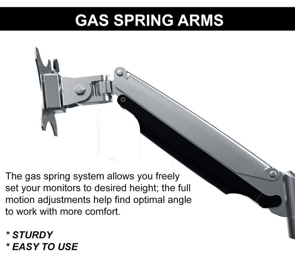 三顯示器支架,適合 13 至 32 英寸螢幕,夾子 Grommet,高度可調鋁氣彈簧三顯示器臂支架,全運動,銀色