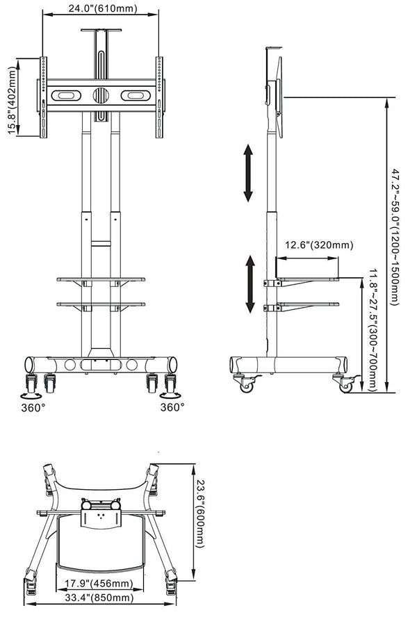 Universal Mobile TV Stand TV Cart with Height Adjustable shelf and flat screen mount – Fits 32 to 65 inches LED, LCD TVs