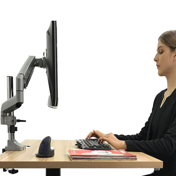 monitor arm single lcd monitor desk mount stand with gas spring fully adjustable fits 20 21 23 24 27 30 32 screens height adjustable tilt swivel rotate, clamp and grommet base (model lms-gp)