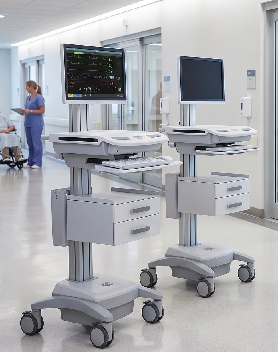 Medical workstation systems in a hospital corridor
