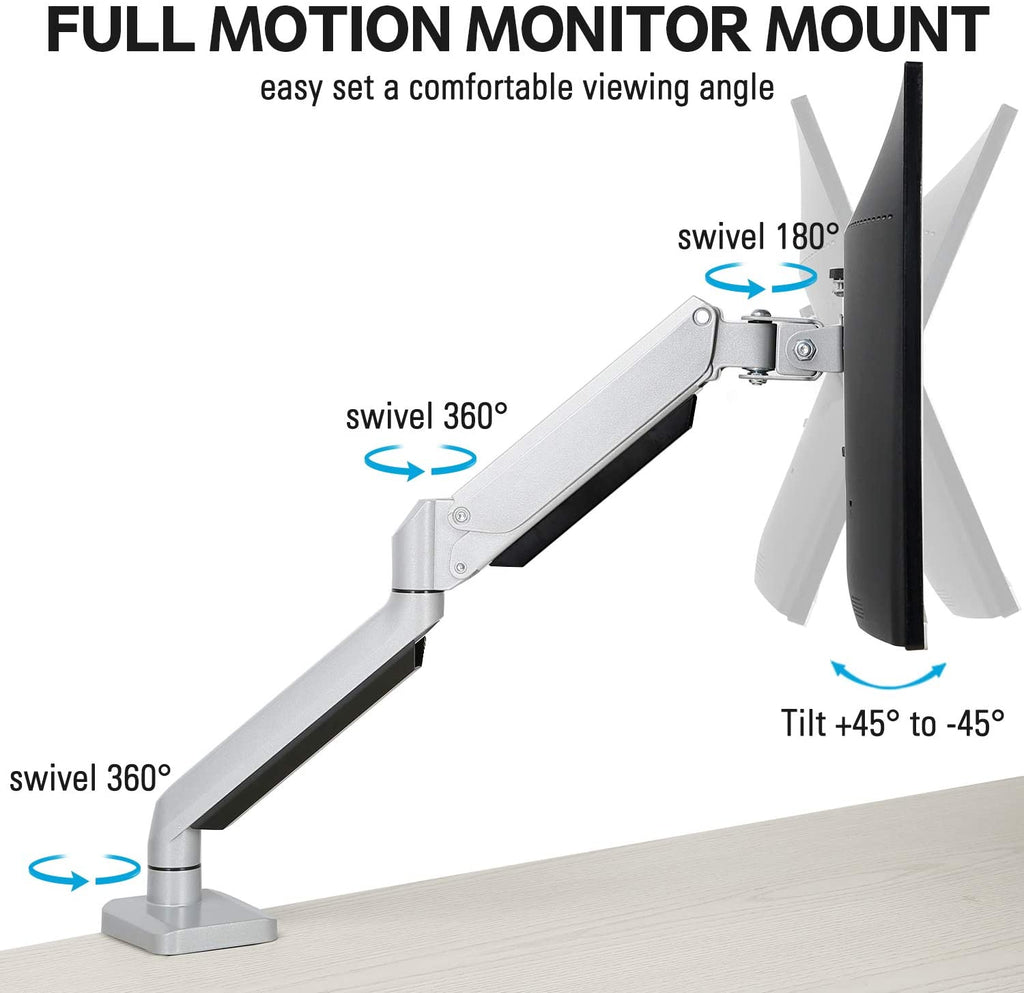 SINGLE MONITOR GAS SPRING ARM FOR 17-32 INCH COMPUTER SCREENS, FULL MOTION MONITOR DESK MOUNT, HOLDS UP TO 17.6LBS, 1 YEAR MANUFACTURER WARRANTY (EC0022)