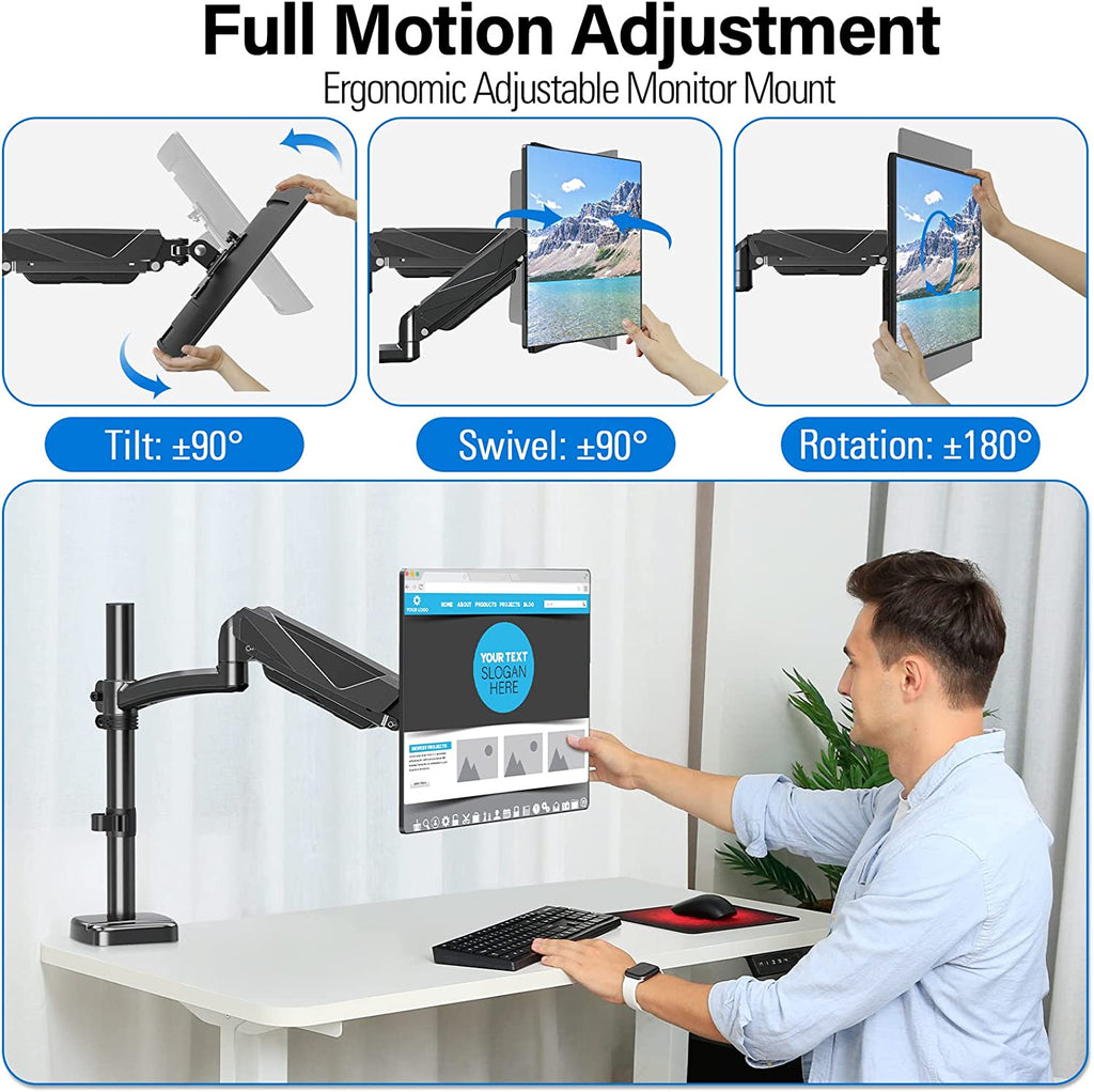 SINGLE MONITOR GAS SPRING ARM FOR 17-32 INCH COMPUTER SCREENS, FULL MOTION MONITOR DESK MOUNT, HOLDS UP TO 19.8LBS, 1 YEAR MANUFACTURER WARRANTY (EC6003)