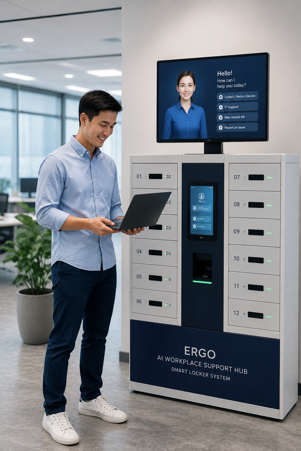 AI workplace support hub with smart lockers, avatar display and employee collecting a laptop