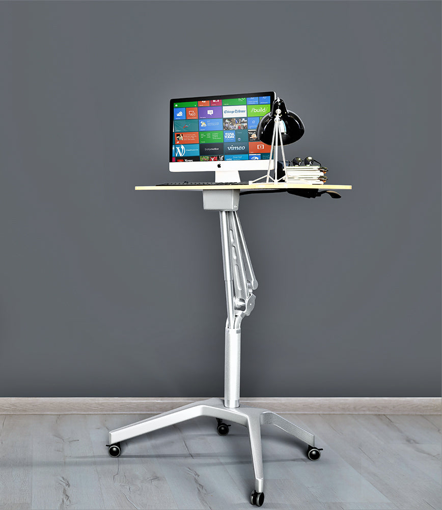 Pneumatic Sit-Stand Mobile Laptop Cart, Height Adjustable Multi-Purpose Rolling Podium Lectern with Wheels Laptop Workstation, Silver
