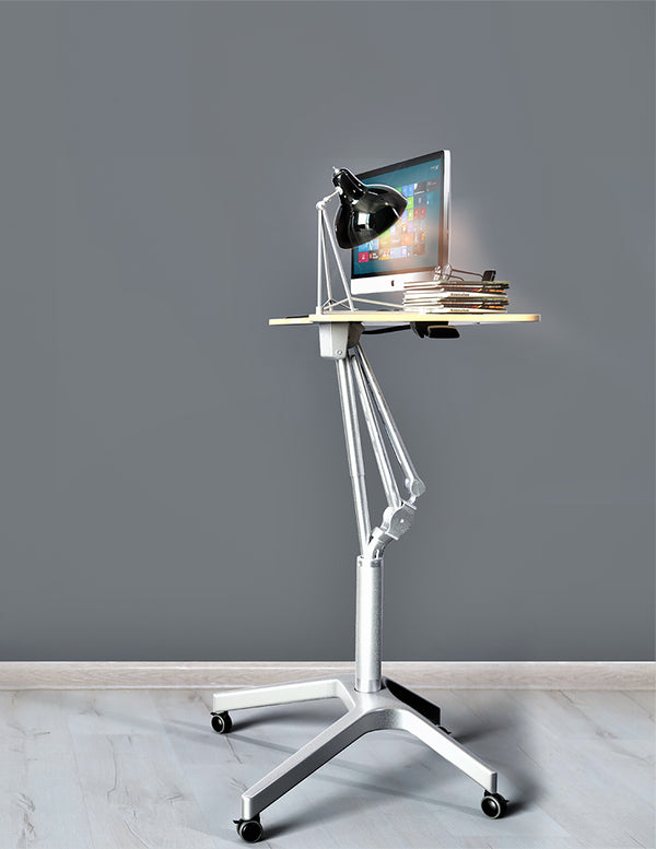 Pneumatic Sit-Stand Mobile Laptop Cart, Height Adjustable Multi-Purpose Rolling Podium Lectern with Wheels Laptop Workstation, Silver