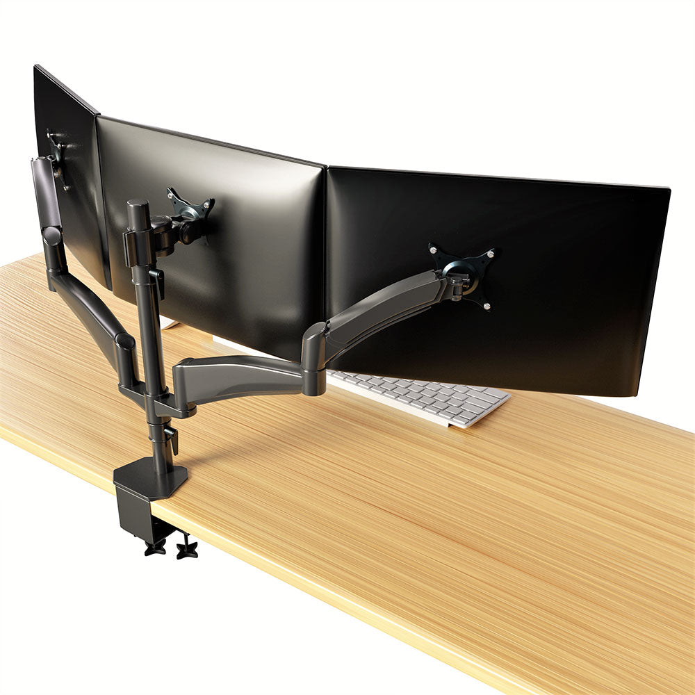 Gas Spring Triple Monitor Desk Mount Arm/Stand, Fully Adjustable Arms, Fits up to 27" Screens, Black (3MSG-V)