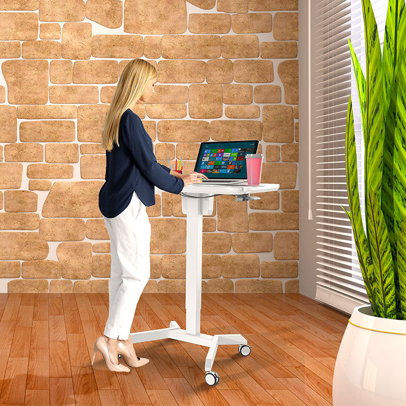 Mobile Standing Laptop Desk Converter Sit Stand Home Office Desk Workstation W/Height Adjustable from 30.3" to 45.9 Inches Folding Desk with Wheels, White (LPT02)