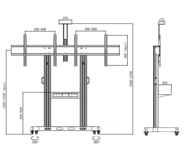 雙屏電視移動車，支援40"-70"LED液晶等離子電視的安裝，高度可調（黑色）